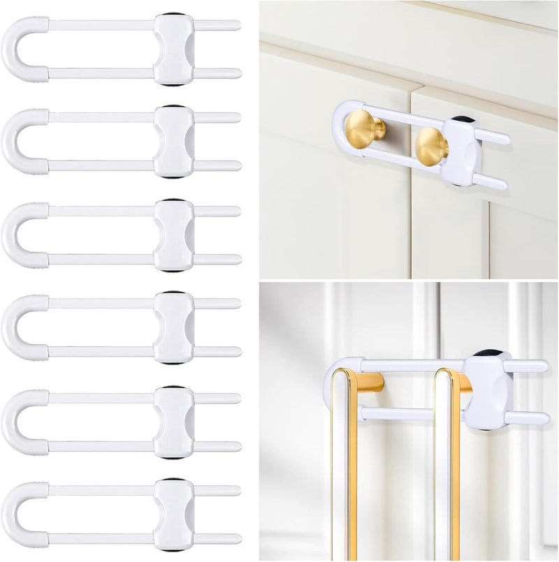 Modacraft 6 Packs Sliding Cabinet Locks, Baby Proofing U-Shaped Child Safety Latches Adjustable White Locks for Handles Knobs Drawers Closet Cupboard - Image 1